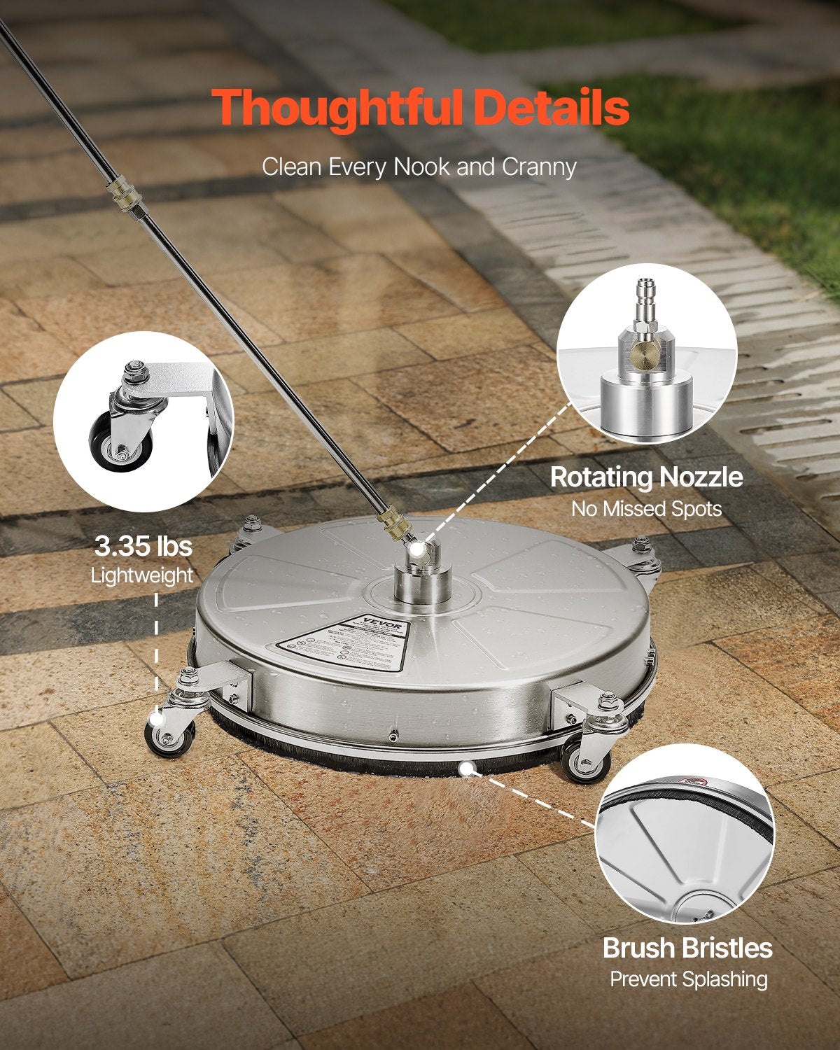 18" Pressure Washer Surface Cleaner, Stainless Steel Pressure Washer Attachments with 4 Wheels, 4000 Max PSI, 1/4 Quick Connector, 2 Spray Nozzles, 2 Extended Wands for Concrete, Patio, Deck