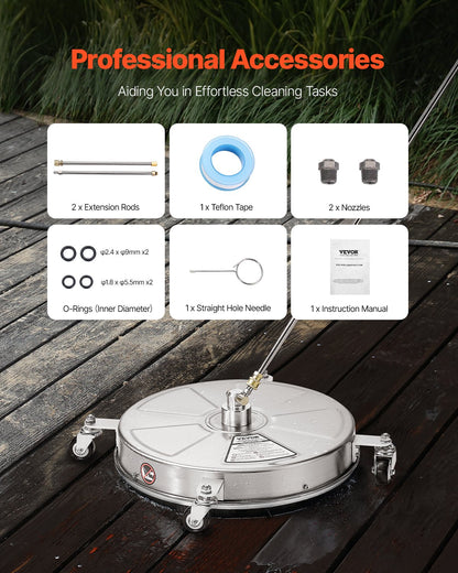 18" Pressure Washer Surface Cleaner, Stainless Steel Pressure Washer Attachments with 4 Wheels, 4000 Max PSI, 1/4 Quick Connector, 2 Spray Nozzles, 2 Extended Wands for Concrete, Patio, Deck