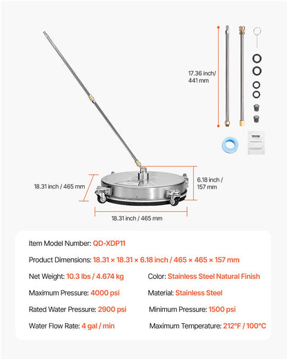 18" Pressure Washer Surface Cleaner, Stainless Steel Pressure Washer Attachments with 4 Wheels, 4000 Max PSI, 1/4 Quick Connector, 2 Spray Nozzles, 2 Extended Wands for Concrete, Patio, Deck