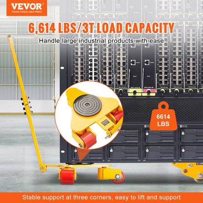 Machinery Skate Dolly, 6614 LBS/3T Industrial Machinery Mover with Handle, Carbon Steel Machinery Moving Skate with 3 360° Swivel PU Wheels, 360° Rotation Non-Slip Cap for Warehouse, Workshop