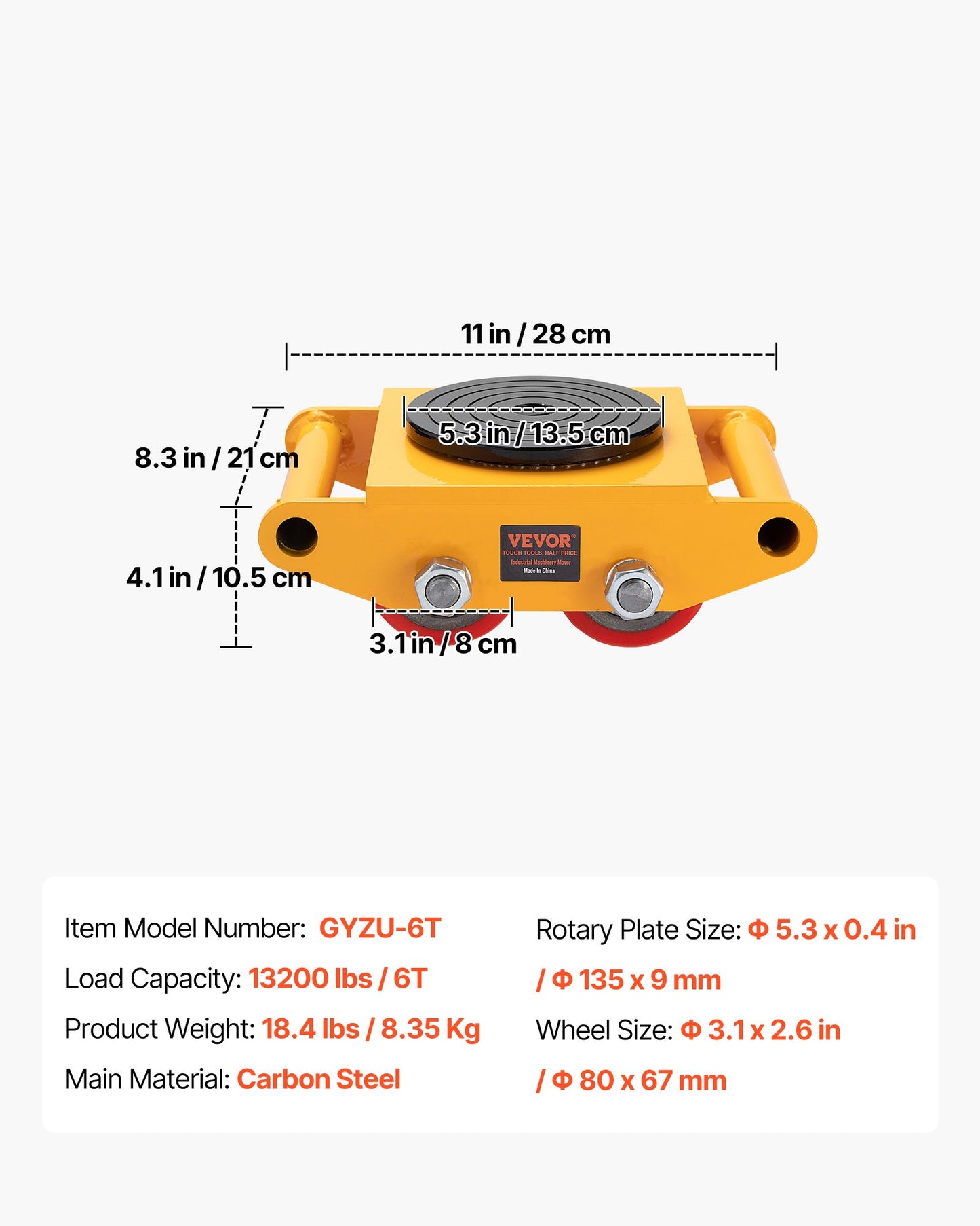 Machinery Skate Dolly, 13,200 LBS/6T Industrial Machinery Mover, Heavy Duty Carbon Steel Machinery Moving Skate with 4 PU Wheels and 360° Rotation Non-Slip Cap for Warehouse, Workshop, Factory