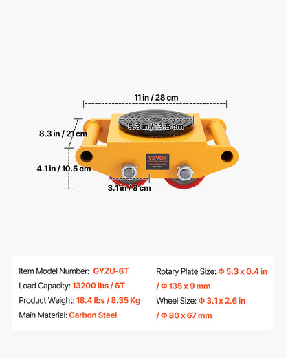 Machinery Skate Dolly, 13,200 LBS/6T Industrial Machinery Mover, Heavy Duty Carbon Steel Machinery Moving Skate with 4 PU Wheels and 360° Rotation Non-Slip Cap for Warehouse, Workshop, Factory