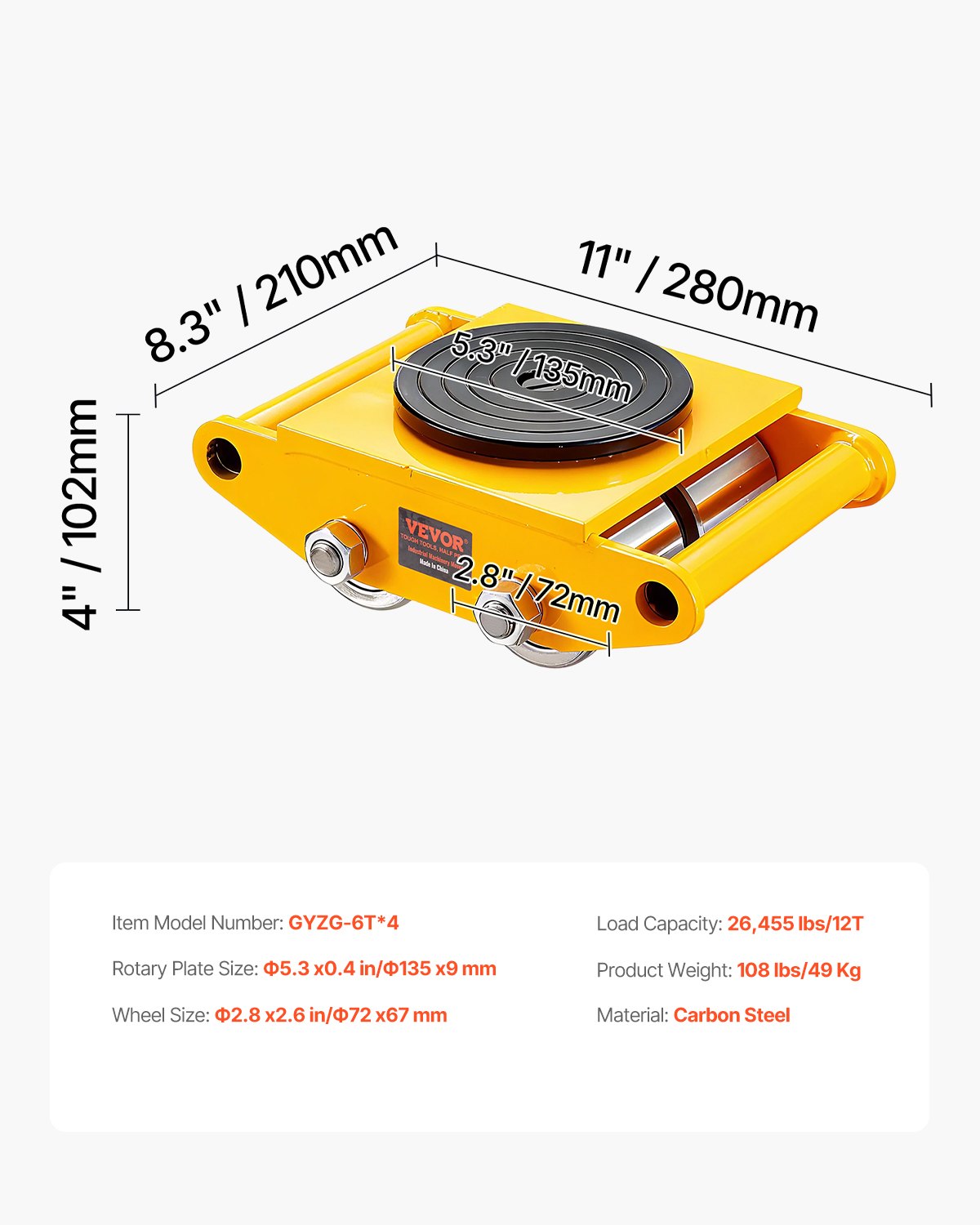 4PCS Machinery Skate Dolly, 11999.8 kg Industrial Machinery Mover, Heavy Duty Carbon Steel Machinery Moving Skate & 4 Carbon Steel Wheels and 360° Rotation Non-Slip Cap for Warehouse, Factory