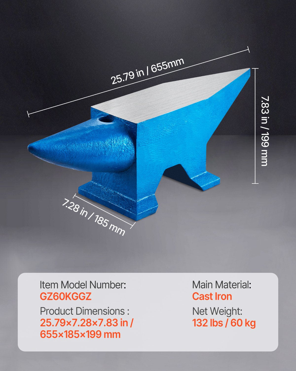 Einhorn-Amboss, 60 kg, Gussstahl, Schmiedewerkzeug zu verkaufen, Schmiedestahlwerkzeuge mit runden und quadratischen Löchern, robuster Amboss für Schmiede und Juweliere, langlebiges und robustes Metallbearbeitungswerkzeug