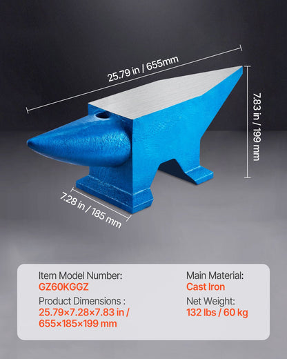 Einhorn-Amboss, 60 kg, Gussstahl, Schmiedewerkzeug zu verkaufen, Schmiedestahlwerkzeuge mit runden und quadratischen Löchern, robuster Amboss für Schmiede und Juweliere, langlebiges und robustes Metallbearbeitungswerkzeug