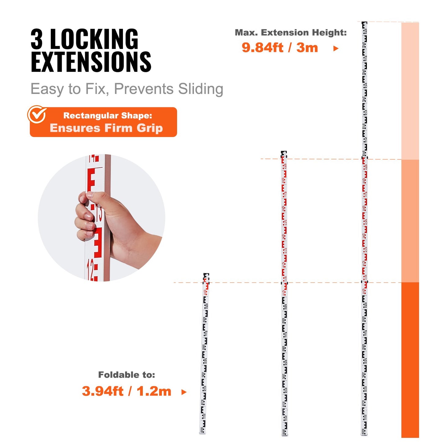 Messlatte aus Aluminium, 3 m metrische Teleskopmesslatte, doppelseitige Skala in cm/mm, Nivellierlatte aus Aluminiumlegierung mit Libelle und Tragetasche zum Messen von Häusern, Wänden und Böden