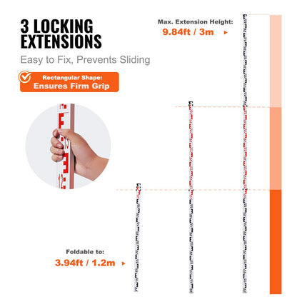 Messlatte aus Aluminium, 3 m metrische Teleskopmesslatte, doppelseitige Skala in cm/mm, Nivellierlatte aus Aluminiumlegierung mit Libelle und Tragetasche zum Messen von Häusern, Wänden und Böden