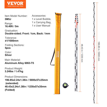 Aluminum Grade Rod, 5M Metric Telescopic Measuring Rod, Double-Sided Scale in CM/MM Leveling Rod Stick,Aluminum Alloy Survey Rod with Bubble Level &Carrying Bag for Measuring Houses,Walls,Floors