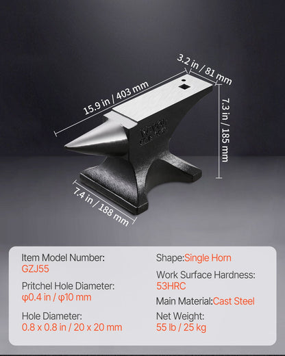 Einhornamboss, 25 kg schwerer Gussstahlamboss, robuster Rundhornamboss aus hochhartem Stahl für Schmiede, mit großer Arbeitsfläche und stabilem Sockel, Metallbearbeitungswerkzeug zum Biegen, Formen und Verdrehen von Metall