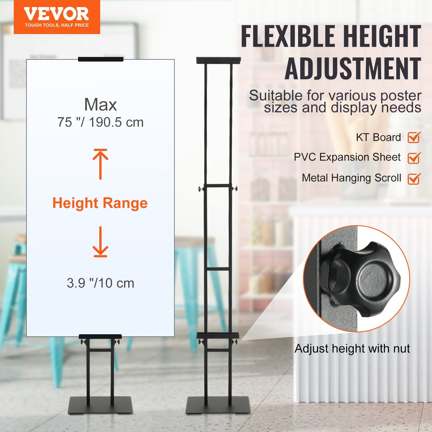 Poster Stand, Adjustable Height Up to 1905 mm, Double-Sided Heavy Duty Pedestal Sign Holder, Floor Standing Sign Holder Banner Stand with Shock-absorbing Base for Display, for Board and Foam, Black