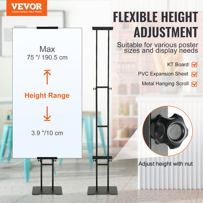 Poster Stand, Adjustable Height Up to 1905 mm, Double-Sided Heavy Duty Pedestal Sign Holder, Floor Standing Sign Holder Banner Stand with Shock-absorbing Base for Display, for Board and Foam, Black
