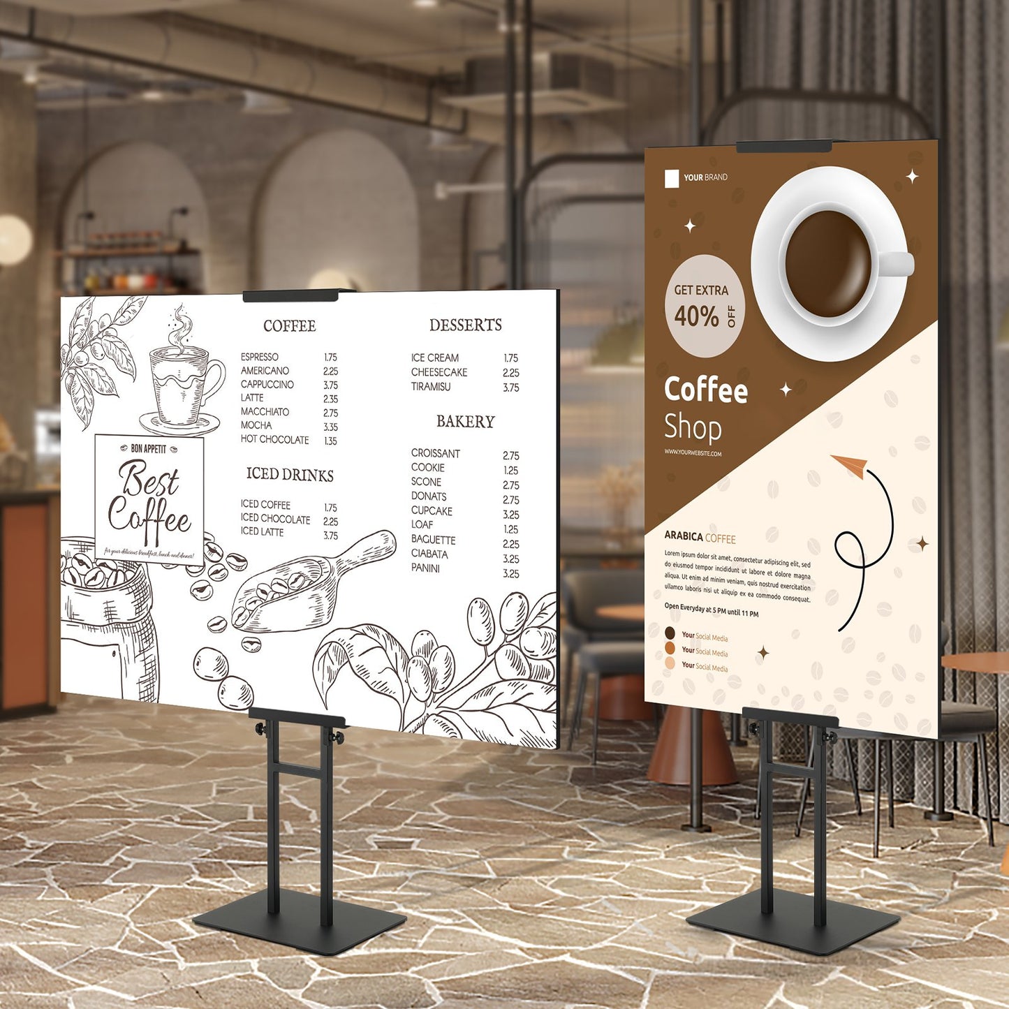 Poster Stand, Adjustable Height Up to 1905 mm, Double-Sided Heavy Duty Pedestal Sign Holder, Floor Standing Sign Holder Banner Stand with Shock-absorbing Base for Display, for Board and Foam, Black