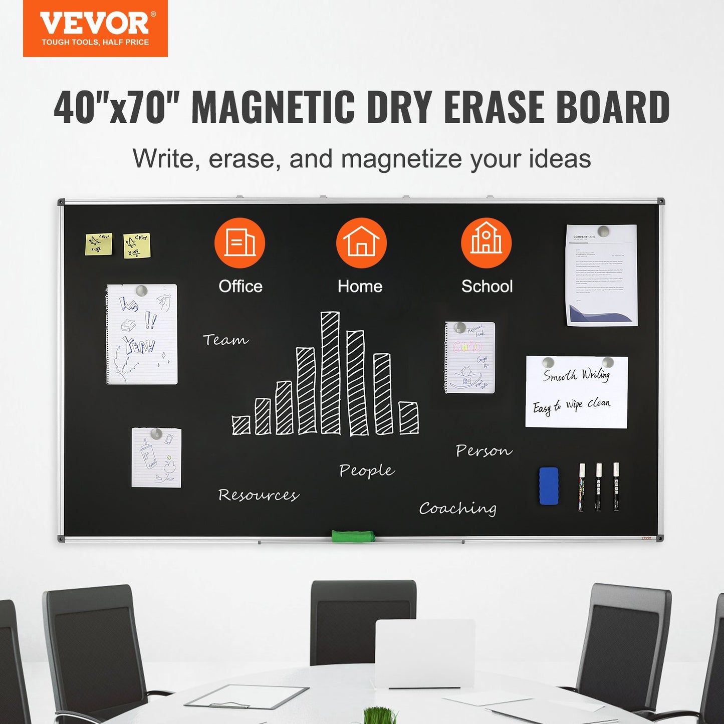 Black Board, 70 x 40 inch Large Chalkboard with Aluminum Frame, Black Boards Dry Erase Includes 1 Magnetic Erase & 3 Dry Erase Markers, Black Surface, for Office Home and School