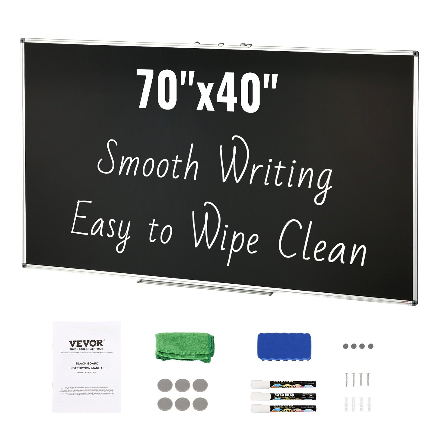 Black Board, 70 x 40 inch Large Chalkboard with Aluminum Frame, Black Boards Dry Erase Includes 1 Magnetic Erase & 3 Dry Erase Markers, Black Surface, for Office Home and School