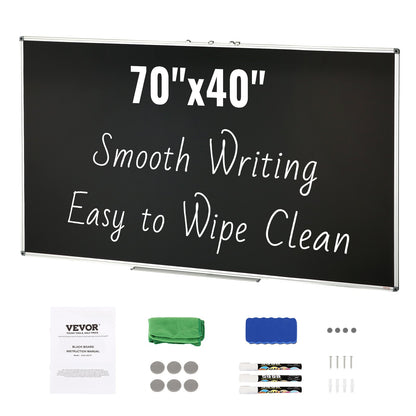 Black Board, 70 x 40 inch Large Chalkboard with Aluminum Frame, Black Boards Dry Erase Includes 1 Magnetic Erase & 3 Dry Erase Markers, Black Surface, for Office Home and School