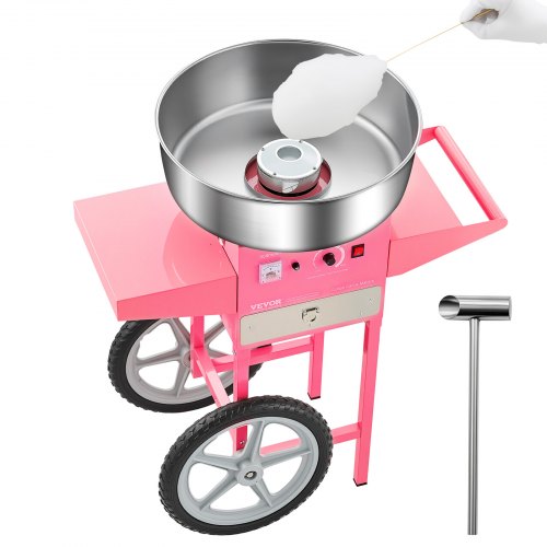 Elektrische Zuckerwattemaschine mit Wagen, 1000 W, gewerbliche Zuckerwattemaschine mit 52 cm Edelstahlschüssel, Zuckerlöffel und Schublade, einfach zu bedienen, für Zuhause, Kindergeburtstage, Familienfeiern, Rosa