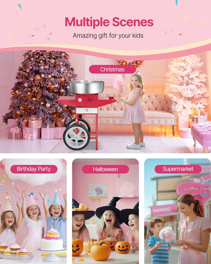 Elektrische Zuckerwattemaschine mit Wagen, 1000 W, gewerbliche Zuckerwattemaschine mit 52 cm Edelstahlschüssel, Zuckerlöffel und Schublade, einfach zu bedienen, für Zuhause, Kindergeburtstage, Familienfeiern, Rot