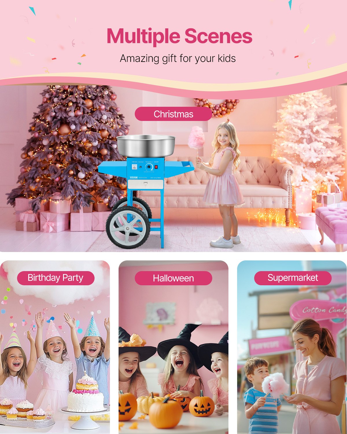 Elektrische Zuckerwattemaschine mit Wagen, 1000 W, gewerbliche Zuckerwattemaschine mit 52 cm Edelstahlschüssel, Zuckerlöffel und Schublade, einfach zu bedienen, für Zuhause, Kindergeburtstage, Familienfeiern, Blau