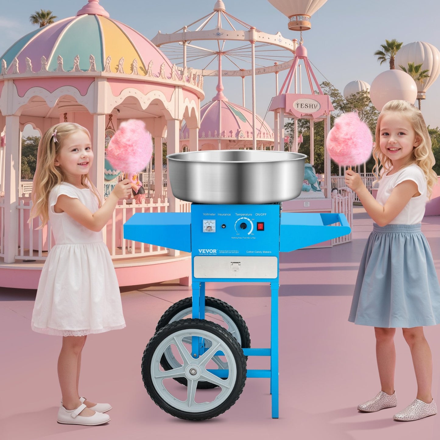 Elektrische Zuckerwattemaschine mit Wagen, 1000 W, gewerbliche Zuckerwattemaschine mit 52 cm Edelstahlschüssel, Zuckerlöffel und Schublade, einfach zu bedienen, für Zuhause, Kindergeburtstage, Familienfeiern, Blau