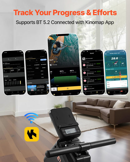 Magnetisches Rudergerät, 16-stufiger, leiser Widerstand einstellbar, klappbar, für Zuhause, bis 158 kg Belastbarkeit, mit leichtgängigem Rollensystem, Bluetooth-App-kompatibel und LCD-Monitor