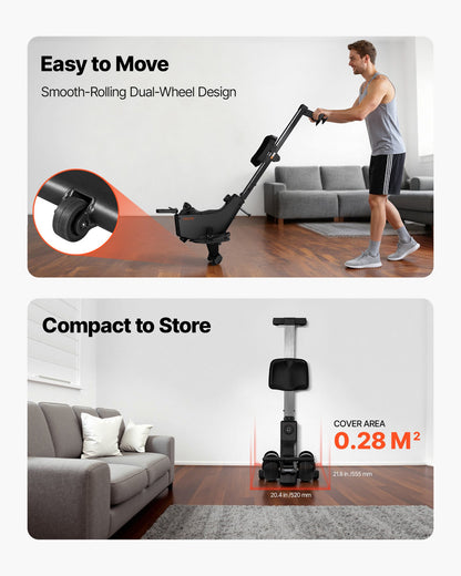 Magnetisches Rudergerät, 16-stufiger, leiser Widerstand einstellbar, klappbar, für Zuhause, bis 158 kg Belastbarkeit, mit leichtgängigem Rollensystem, Bluetooth-App-kompatibel und LCD-Monitor