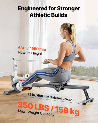Magnetisches Rudergerät, 16-stufig einstellbarer, leiser Widerstand, klappbar, für Zuhause, bis 158 kg Belastbarkeit, mit Doppel-Gleitschiene, Bluetooth-App-kompatibel und LCD-Monitor