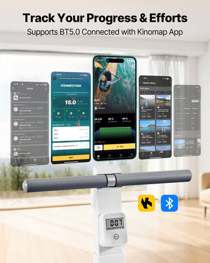 Magnetisches Rudergerät, 16-stufig einstellbarer, leiser Widerstand, klappbar, für Zuhause, bis 158 kg Belastbarkeit, mit Doppel-Gleitschiene, Bluetooth-App-kompatibel und LCD-Monitor