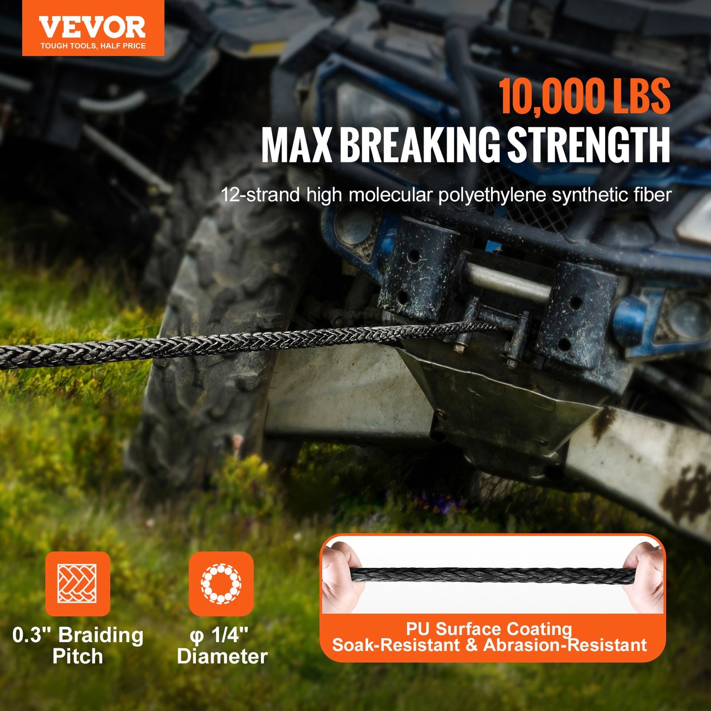 Synthetic Winch Rope, 6.35 mm x 15.24 m 4,536 kg Synthetic Winch Line Cable Rope with Protective Sleeve + Stopper + Forged Winch Hook + Pull Strap, Fit for ATV, UTV, Small Vehicle, Pickup