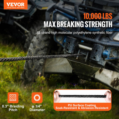 Synthetic Winch Rope, 6.35 mm x 15.24 m 4,536 kg Synthetic Winch Line Cable Rope with Protective Sleeve + Stopper + Forged Winch Hook + Pull Strap, Fit for ATV, UTV, Small Vehicle, Pickup