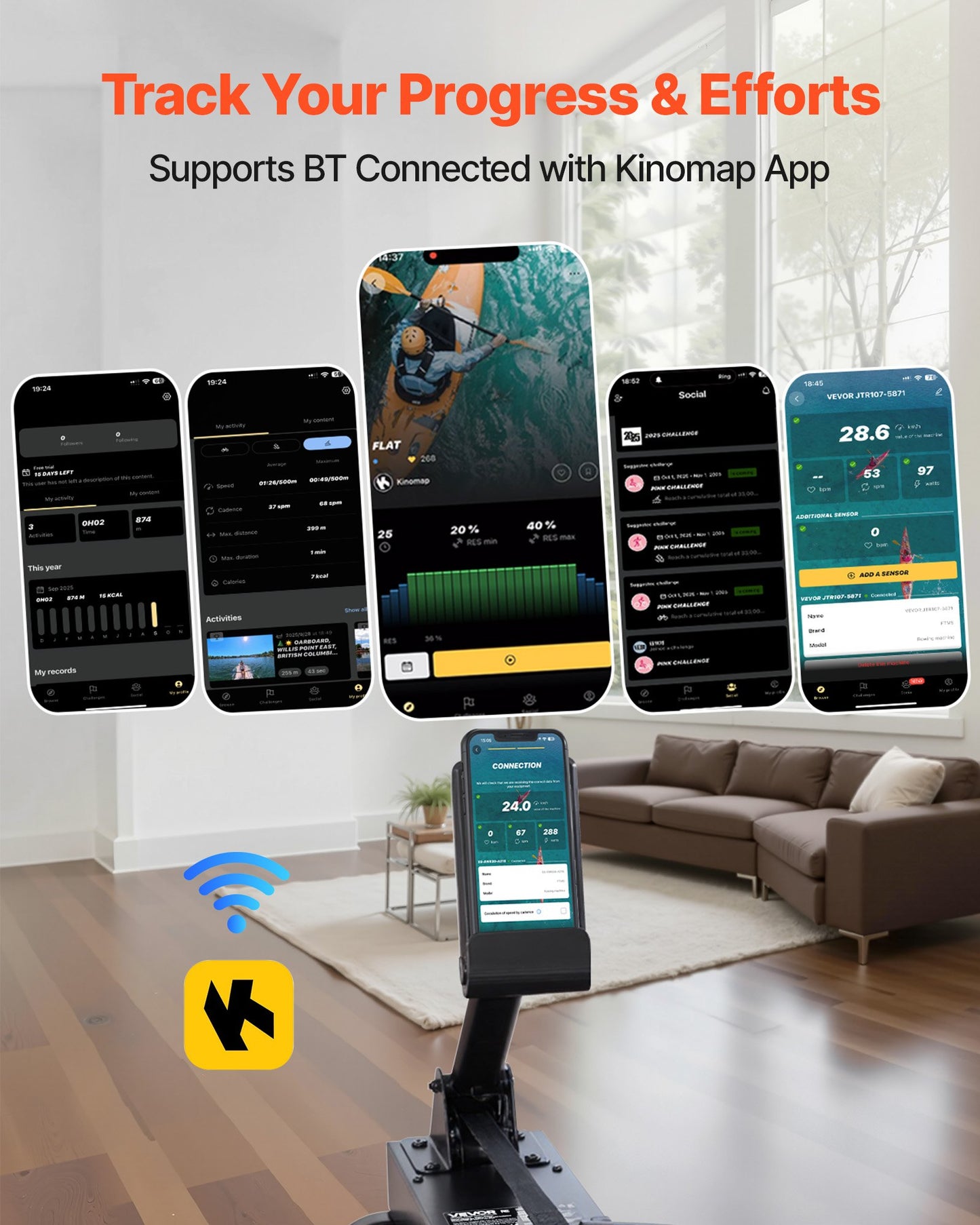 Wasser-Rudergerät, 6 leise Widerstandsstufen, faltbares Rudergerät aus Holz mit 14-Liter-Wassertank und LCD-Monitor, Bluetooth-App-kompatibel, maximale Belastbarkeit 158 ​​kg, immersives Rudergerät für Zuhause