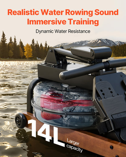 Wasser-Rudergerät, 6 leise Widerstandsstufen, faltbares Rudergerät aus Holz mit 14-Liter-Wassertank und LCD-Monitor, Bluetooth-App-kompatibel, maximale Belastbarkeit 158 ​​kg, immersives Rudergerät für Zuhause