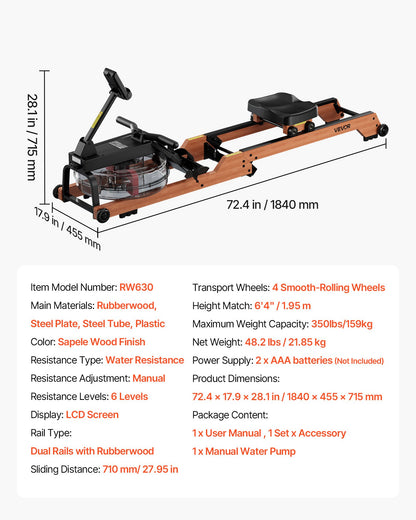 Wasser-Rudergerät, 6 leise Widerstandsstufen, faltbares Rudergerät aus Holz mit 14-Liter-Wassertank und LCD-Monitor, Bluetooth-App-kompatibel, maximale Belastbarkeit 158 ​​kg, immersives Rudergerät für Zuhause