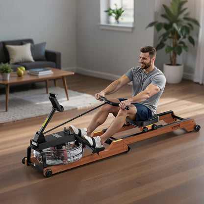 Wasser-Rudergerät, 6 leise Widerstandsstufen, faltbares Rudergerät aus Holz mit 14-Liter-Wassertank und LCD-Monitor, Bluetooth-App-kompatibel, maximale Belastbarkeit 158 ​​kg, immersives Rudergerät für Zuhause