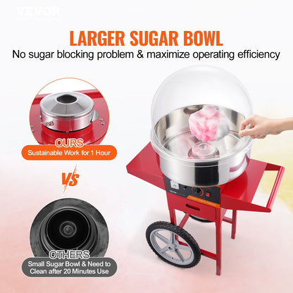 Electric Cotton Candy Machine with Cart, 1000W Commercial Candy Floss Maker with Cover, Stainless Steel Bowl, Sugar Scoop and Drawer, Perfect for Home, Kids Birthday, Family Party, Red