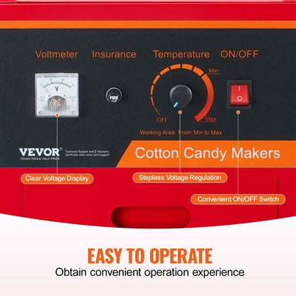 Electric Cotton Candy Machine with Cart, 1000W Commercial Candy Floss Maker with Cover, Stainless Steel Bowl, Sugar Scoop and Drawer, Perfect for Home, Kids Birthday, Family Party, Red