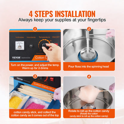 Electric Cotton Candy Machine with Cart, 1000W Commercial Candy Floss Maker with Cover, Stainless Steel Bowl, Sugar Scoop and Drawer, Perfect for Home, Kids Birthday, Family Party, Blue