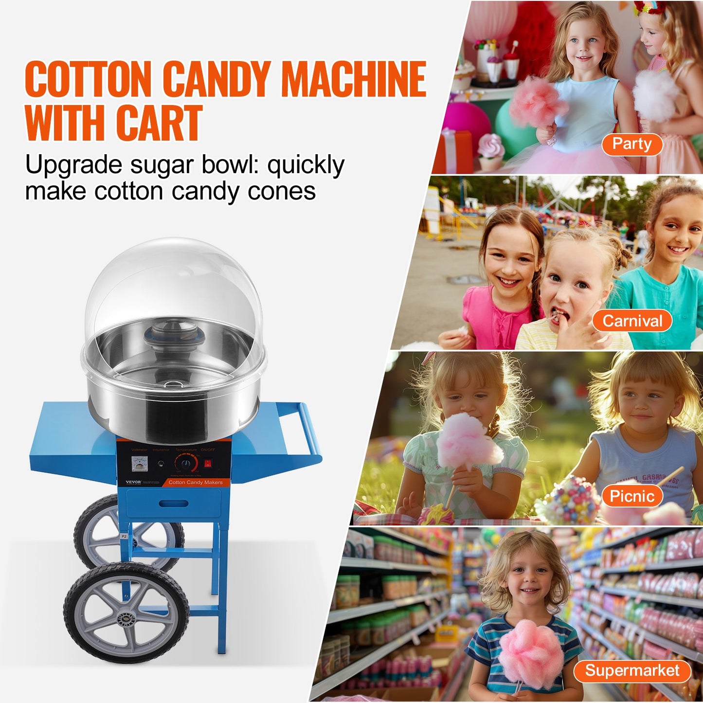 Electric Cotton Candy Machine with Cart, 1000W Commercial Candy Floss Maker with Cover, Stainless Steel Bowl, Sugar Scoop and Drawer, Perfect for Home, Kids Birthday, Family Party, Blue