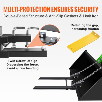 Pallet Forks, 907.2kg Clamp on Pallet Forks, 109.2cm Total Length Heavy Duty Pallet Forks with Adjustable Stabilizer Bar, Tractor Bucket Forks for Tractor Attachments, Skid Steer, Loader Bucket