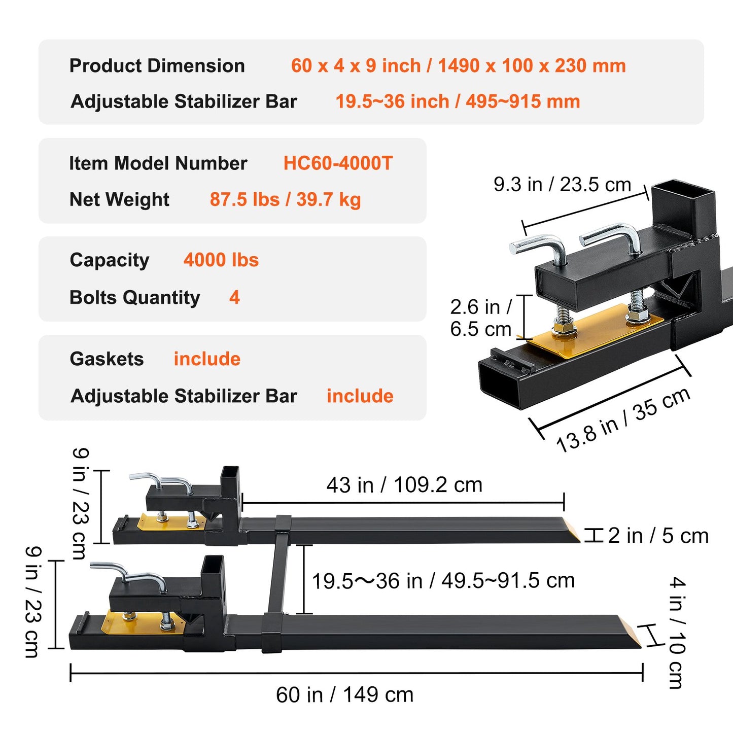Pallet Forks, 907.2kg Clamp on Pallet Forks, 109.2cm Total Length Heavy Duty Pallet Forks with Adjustable Stabilizer Bar, Tractor Bucket Forks for Tractor Attachments, Skid Steer, Loader Bucket