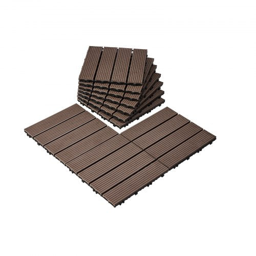 Klick-Terrassenfliesen aus Kunststoffholz, 10er-Pack, 30,5 x 30,5 cm (12 x 12 Zoll), wasserfest, für den Außenbereich, wetterfest, für Terrasse, Veranda, Poolbereich, Balkon und Garten, dunkelbraun