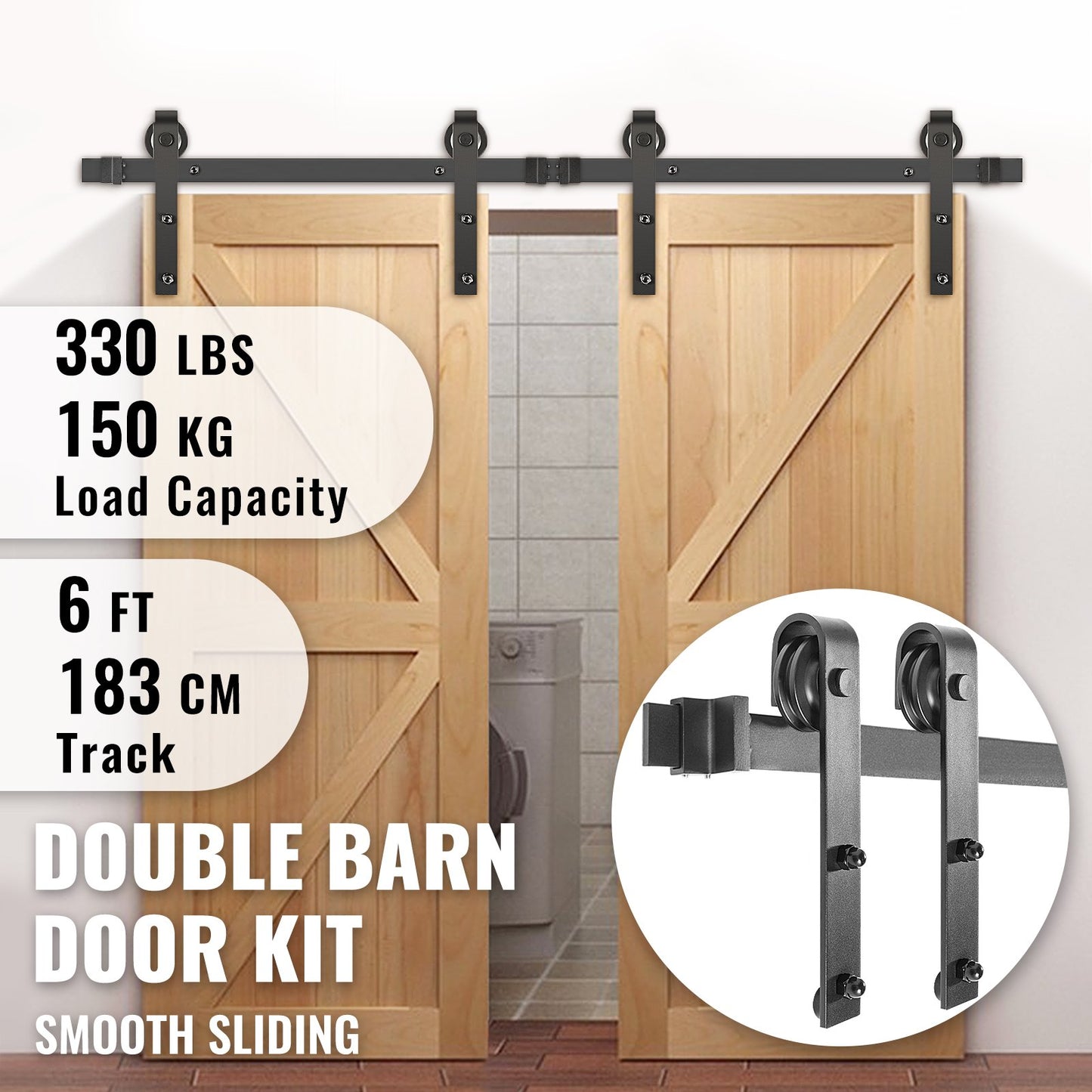 Sliding Barn Door Hardware Kit, 182.9 cm Barn Door Kit, 149.7 kg Load-Bearing Double Barn Door Hardware Kit, Carbon Steel Barn Door Track, Darn Door for 3.5-4.5 cm Thickness & 91.4 cm Wide Door Panel