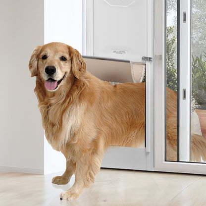 Dog Door for Sliding Glass Door, 75 7/8"-80 11/16" Adjustable Height Doggy Door for Sliding Doors, Aluminum Frame Tempered Glass Pet Door with Hinge Structure Flap and Lock for Large-Sized Dogs