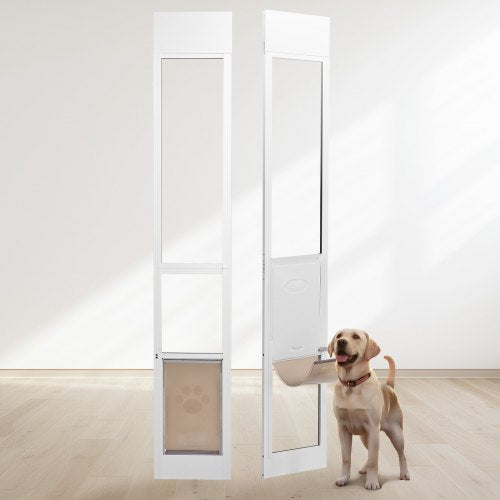 Hundeklappe für Glasschiebetüren, 75 7/8"-80 11/16" höhenverstellbare Hundeklappe für Schiebetüren, Aluminiumrahmen, gehärtetes Glas, Klappe und Schloss für mittelgroße Hunde