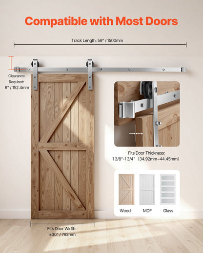5FT Sliding Barn Door Hardware Kit, 330 LBS Weight Capacity, Compatible with 30 Inches Max Width & 1-3/8 to 1-3/4 Inches Thickness Single Sliding Barn Door, Durable Track & J-shape Roller Silver