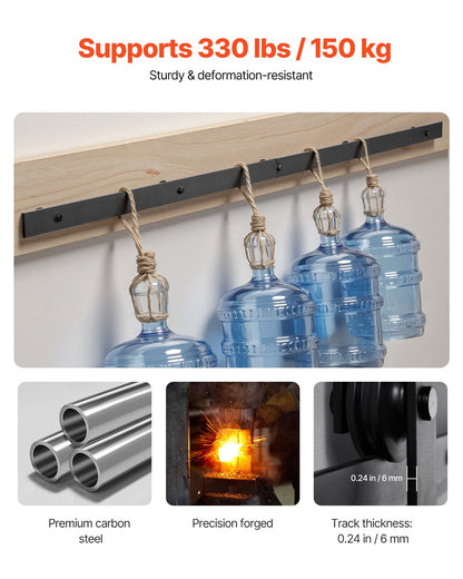 2 m langes Schiebetürbeschlag-Set, Tragkraft 150 kg, geeignet für einflügelige Schiebetüren mit 91–102 cm Breite und 3,5–4,5 cm Dicke, robuste Schiene und J-förmige Rolle, schwarz