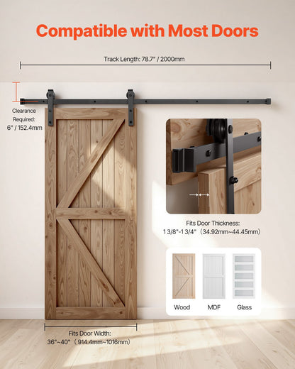 2 m langes Schiebetürbeschlag-Set, Tragkraft 150 kg, geeignet für einflügelige Schiebetüren mit 91–102 cm Breite und 3,5–4,5 cm Dicke, robuste Schiene und J-förmige Rolle, schwarz