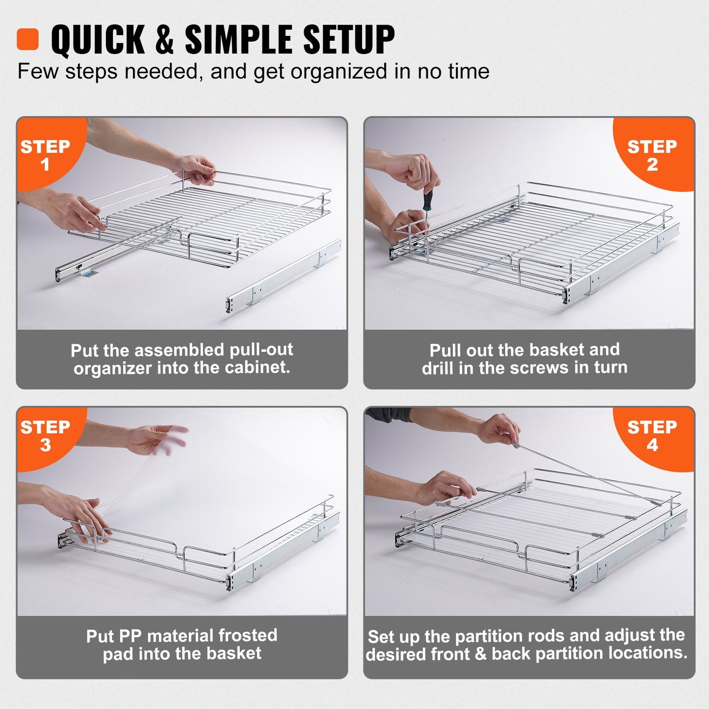 43.2 cm W x 53.3 cm D Pull Out Cabinet Organizer, Heavy Duty Slide Out Pantry Shelves, Chrome-Plated Steel Roll Out Drawers, Sliding Drawer Storage for Home, Inside Kitchen Cabinet, Bathroom, Under Sink