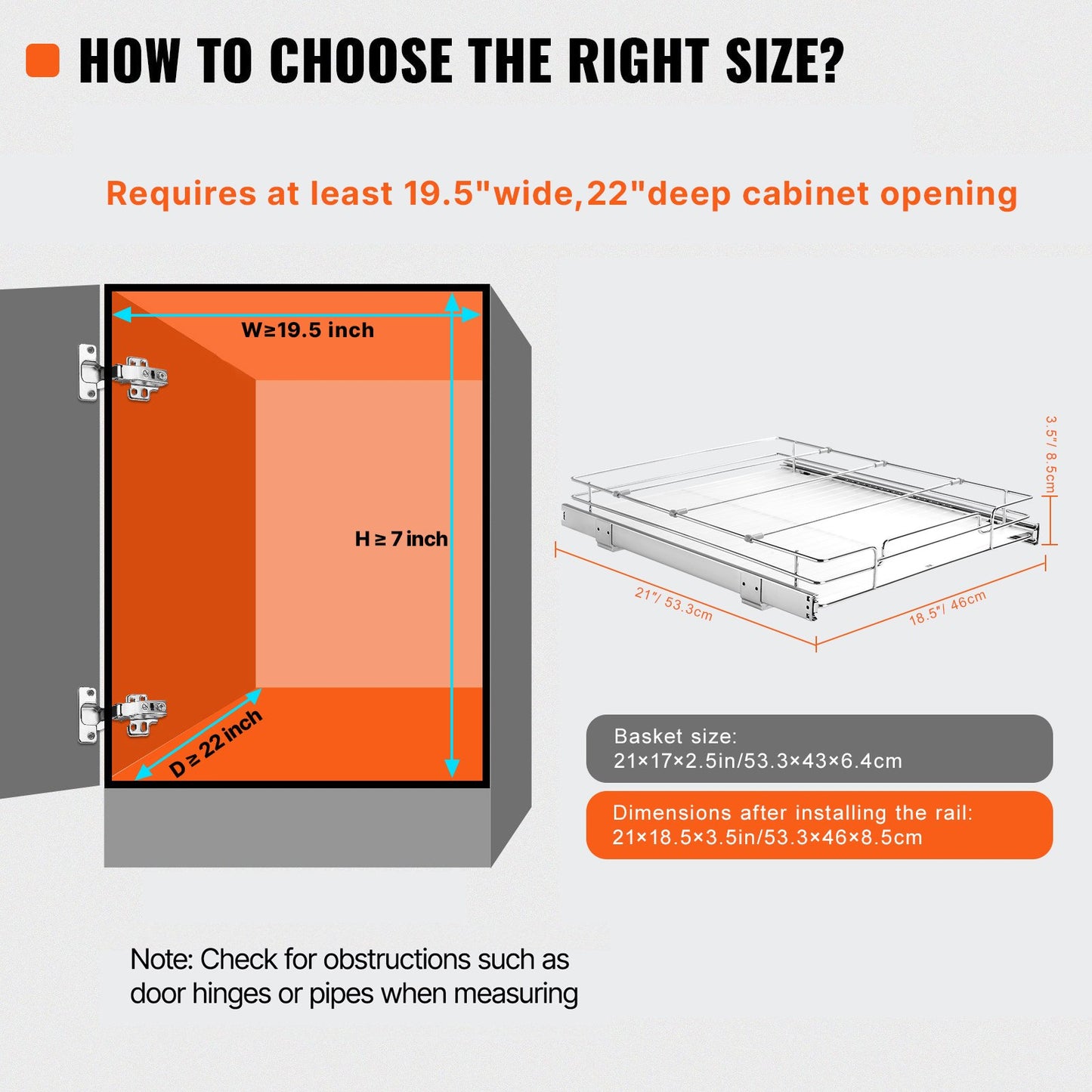 43.2 cm W x 53.3 cm D Pull Out Cabinet Organizer, Heavy Duty Slide Out Pantry Shelves, Chrome-Plated Steel Roll Out Drawers, Sliding Drawer Storage for Home, Inside Kitchen Cabinet, Bathroom, Under Sink