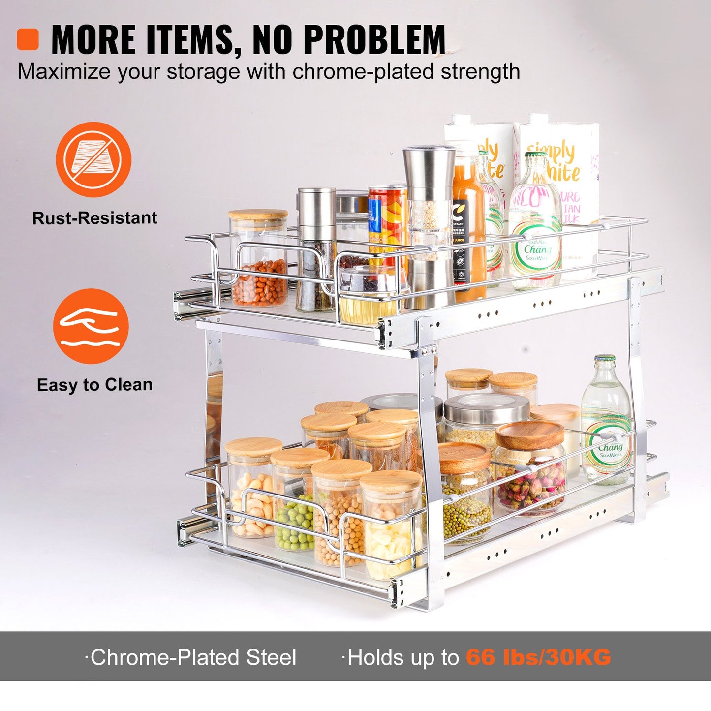 2 Tier 14"Wx21"Dx15"H Pull Out Cabinet Organizer, Heavy Duty Slide Out Pantry Shelves, Steel Roll Out Drawers, Sliding Drawer Storage for Home, 15.5"Wx22"Dx18"H Install Size for Cabinet