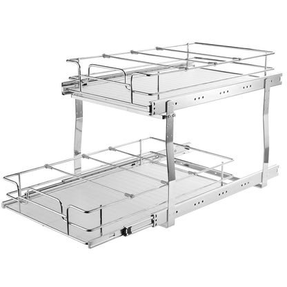 2 Tier 14"Wx21"Dx15"H Pull Out Cabinet Organizer, Heavy Duty Slide Out Pantry Shelves, Steel Roll Out Drawers, Sliding Drawer Storage for Home, 15.5"Wx22"Dx18"H Install Size for Cabinet